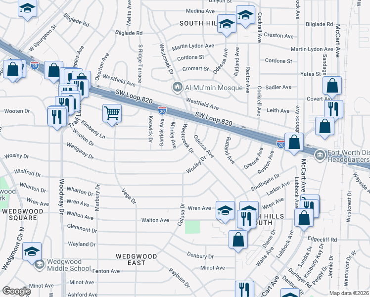 map of restaurants, bars, coffee shops, grocery stores, and more near 5404 Westcreek Drive in Fort Worth