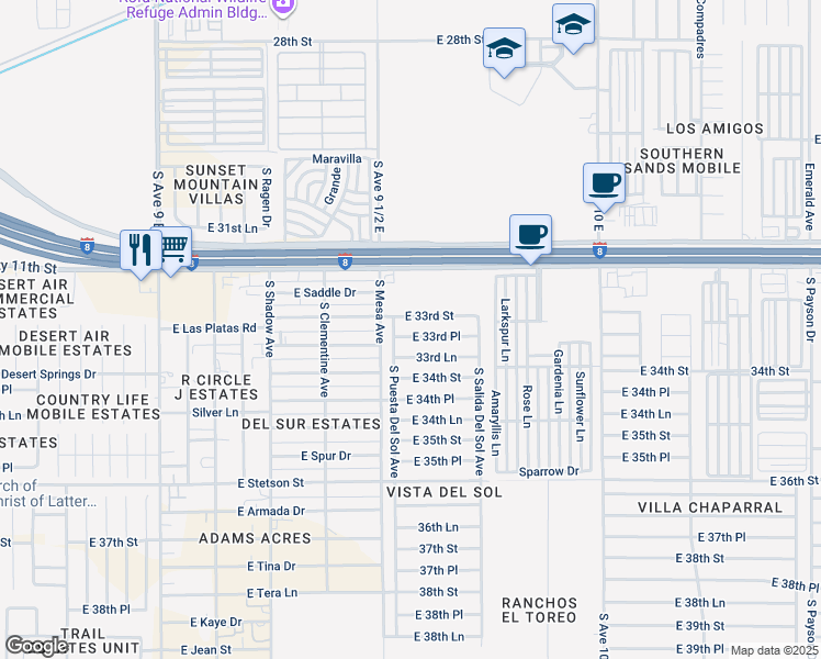 map of restaurants, bars, coffee shops, grocery stores, and more near 9585 E 33rd St in Yuma