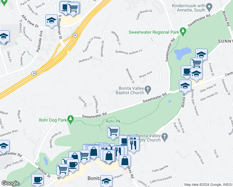 map of restaurants, bars, coffee shops, grocery stores, and more near 3430 Orchard Hill Road in Bonita