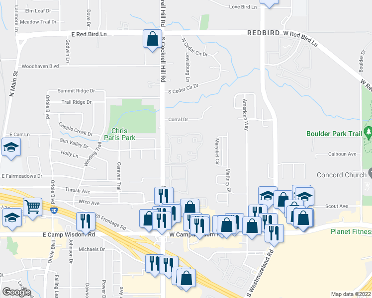 map of restaurants, bars, coffee shops, grocery stores, and more near 6500 South Cockrell Hill Road in Dallas