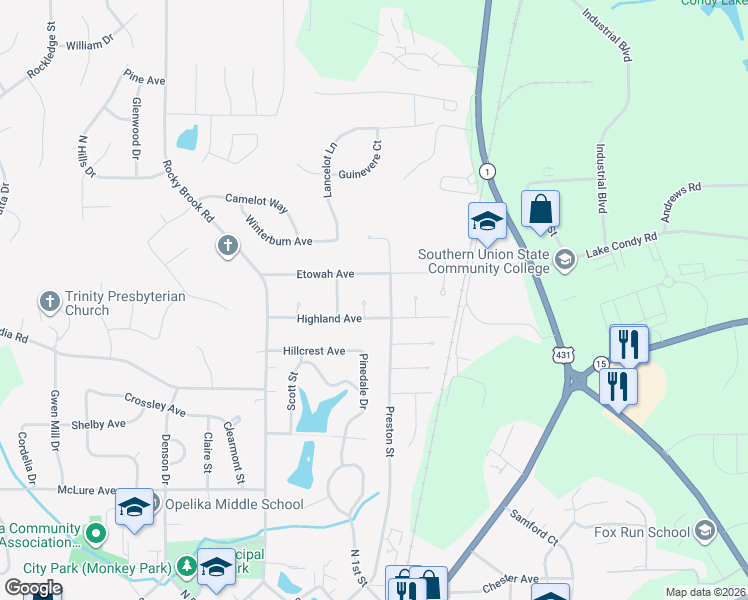 map of restaurants, bars, coffee shops, grocery stores, and more near 1704 Highland Place in Opelika