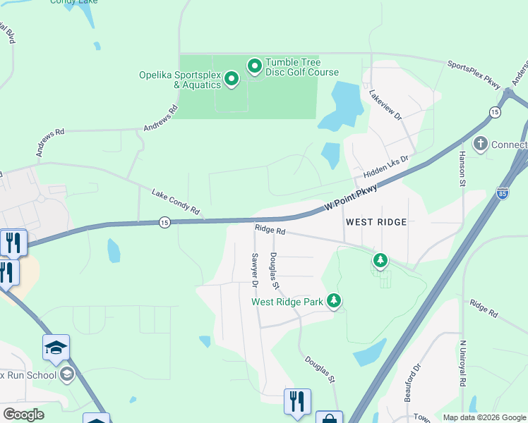map of restaurants, bars, coffee shops, grocery stores, and more near 1106 West Point Parkway in Opelika