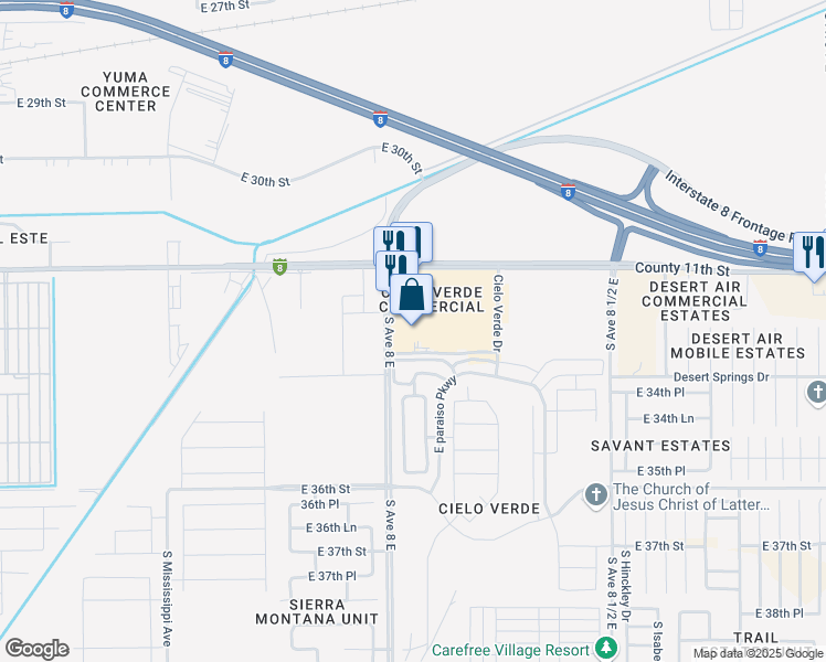 map of restaurants, bars, coffee shops, grocery stores, and more near 3325 South Avenue 8 East in Yuma