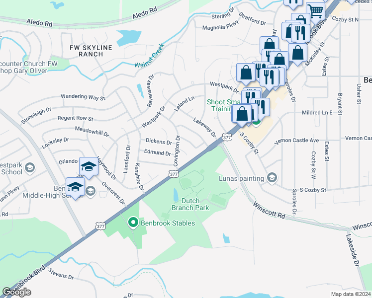 map of restaurants, bars, coffee shops, grocery stores, and more near 112 Crofton Court in Benbrook