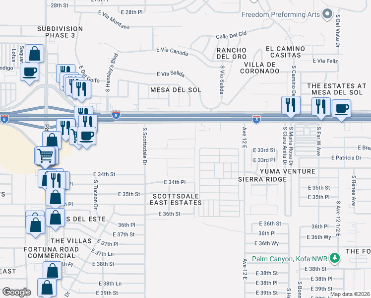 map of restaurants, bars, coffee shops, grocery stores, and more near 11802 South Frontage Road in Yuma