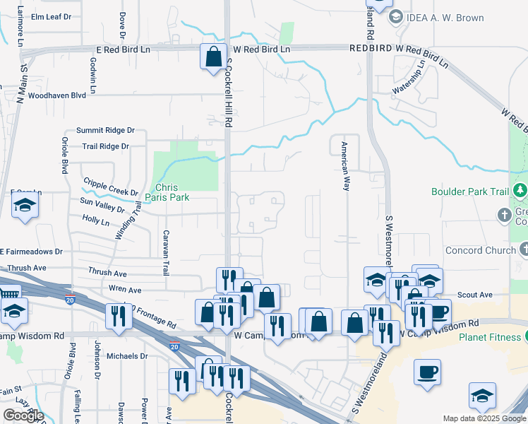map of restaurants, bars, coffee shops, grocery stores, and more near 6500 South Cockrell Hill Road in Dallas