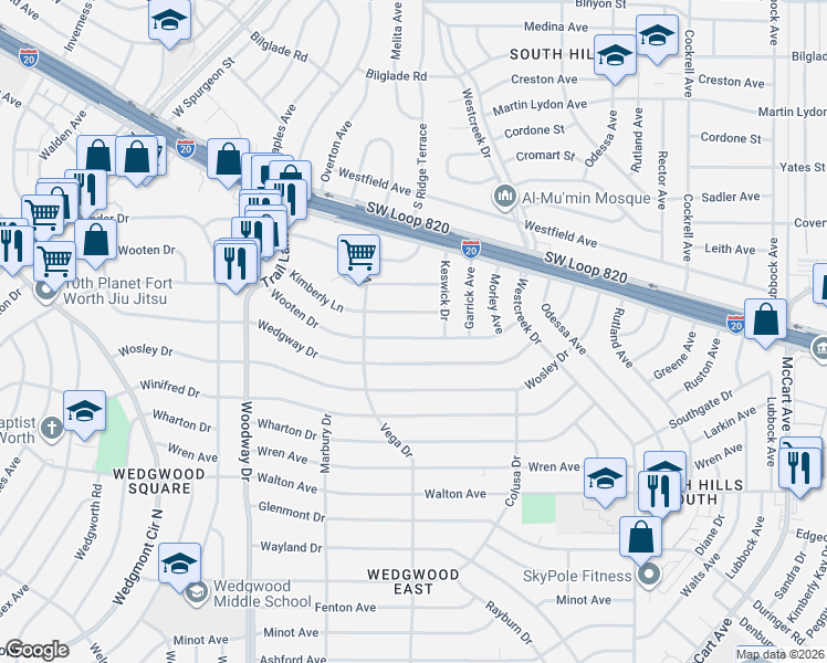 map of restaurants, bars, coffee shops, grocery stores, and more near 3617 Kimberly Lane in Fort Worth