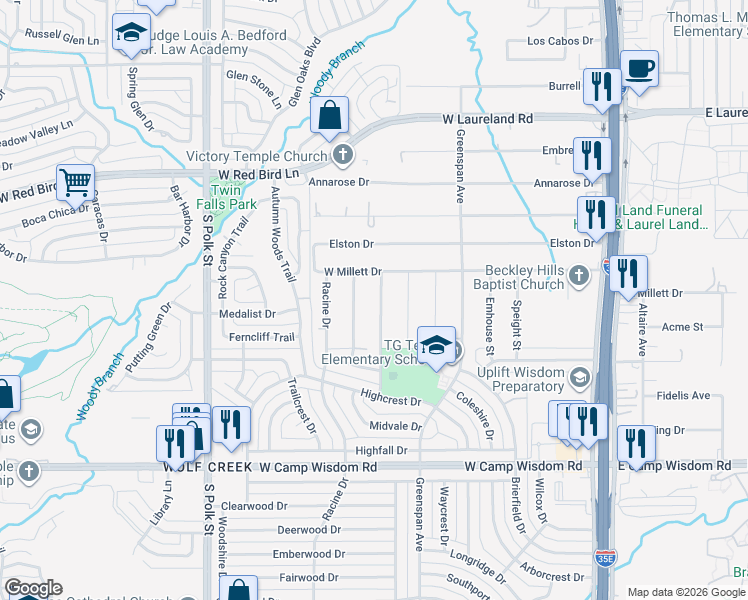 map of restaurants, bars, coffee shops, grocery stores, and more near 6518 Starkey Street in Dallas