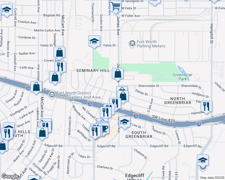 map of restaurants, bars, coffee shops, grocery stores, and more near 5300 James Avenue in Fort Worth