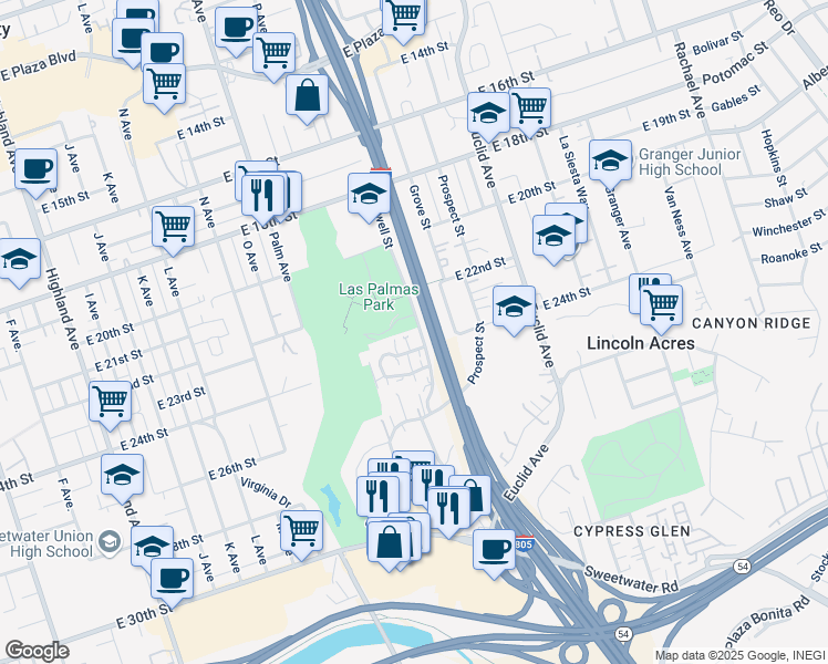 map of restaurants, bars, coffee shops, grocery stores, and more near 2330 Newell Street in National City