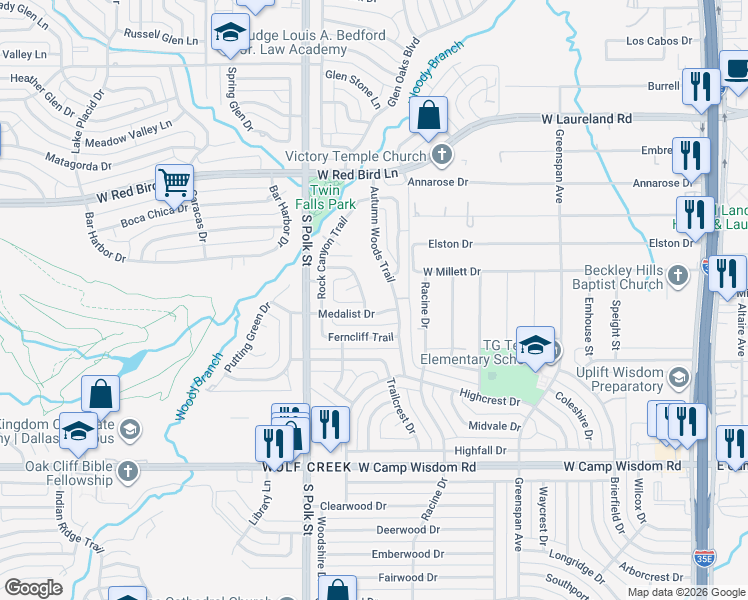 map of restaurants, bars, coffee shops, grocery stores, and more near 919 Wolf Creek Trail in Dallas