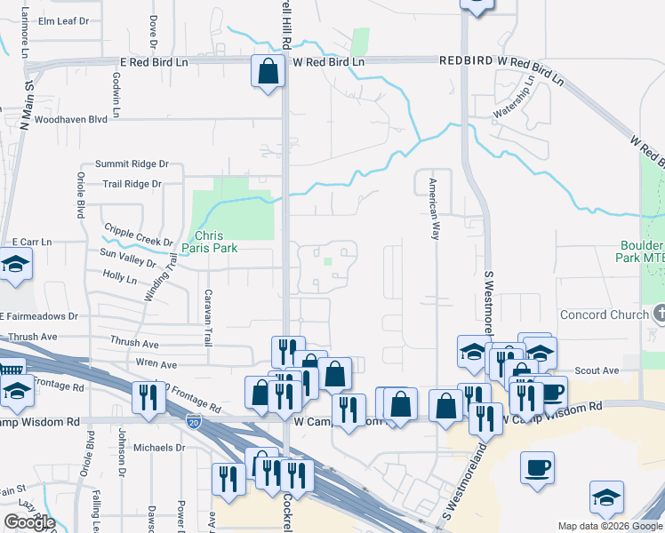map of restaurants, bars, coffee shops, grocery stores, and more near 6500 South Cockrell Hill Road in Dallas