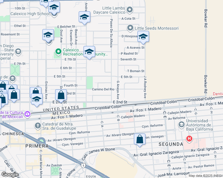 map of restaurants, bars, coffee shops, grocery stores, and more near 213 Paseo De Su Alteza in Calexico