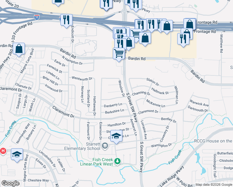 map of restaurants, bars, coffee shops, grocery stores, and more near 2613 Chatham Court in Grand Prairie
