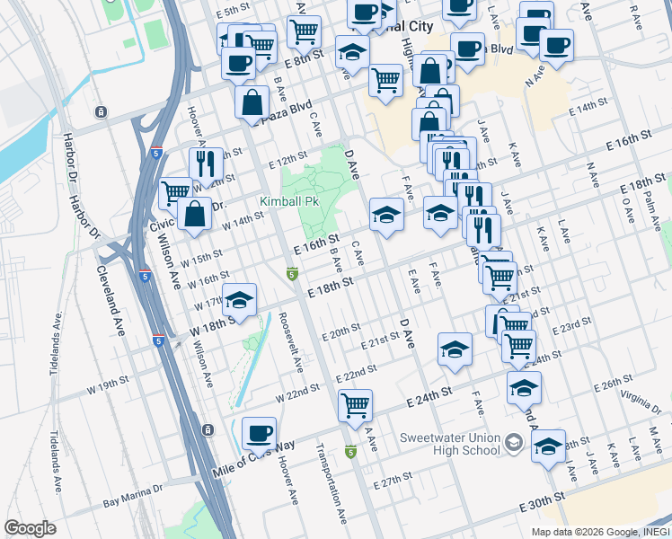 map of restaurants, bars, coffee shops, grocery stores, and more near 1710 B Avenue in National City