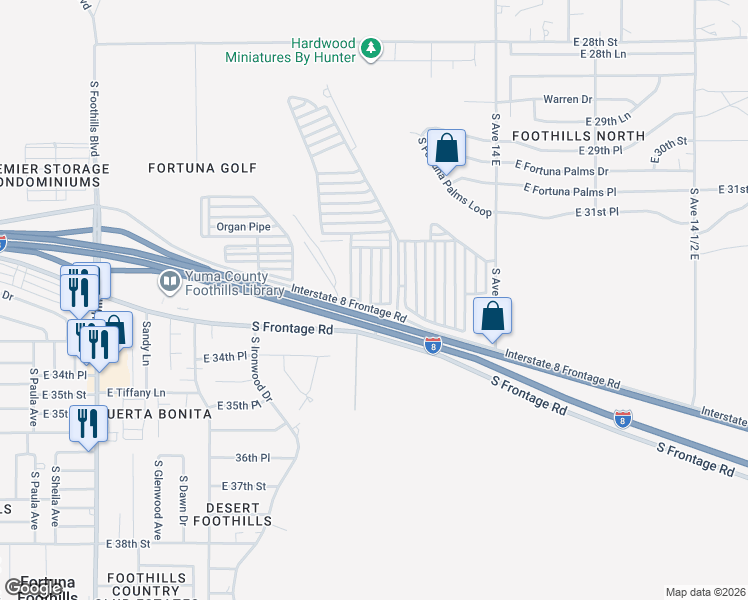 map of restaurants, bars, coffee shops, grocery stores, and more near 13606-13610 N Frontage Rd in Yuma