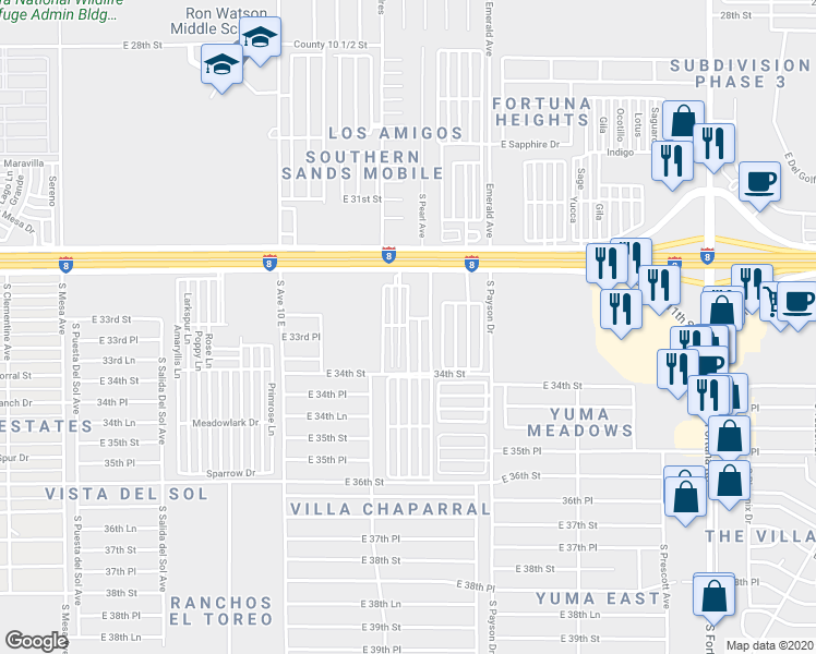 map of restaurants, bars, coffee shops, grocery stores, and more near 10247 South Frontage Road in Yuma