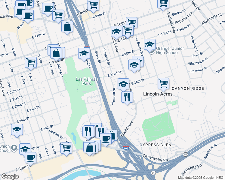 map of restaurants, bars, coffee shops, grocery stores, and more near 2201 East 24th Street in National City
