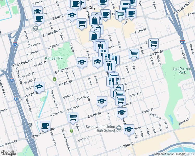 map of restaurants, bars, coffee shops, grocery stores, and more near 1830 F Avenue in National City