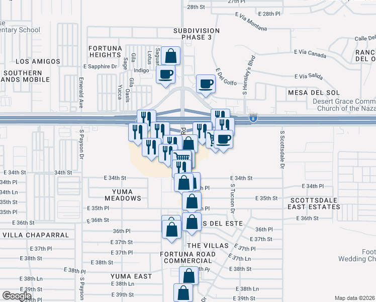 map of restaurants, bars, coffee shops, grocery stores, and more near 11274 South Fortuna Road in Yuma