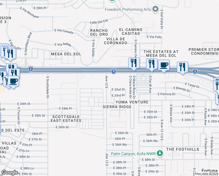 map of restaurants, bars, coffee shops, grocery stores, and more near 12148 33rd Street in Yuma
