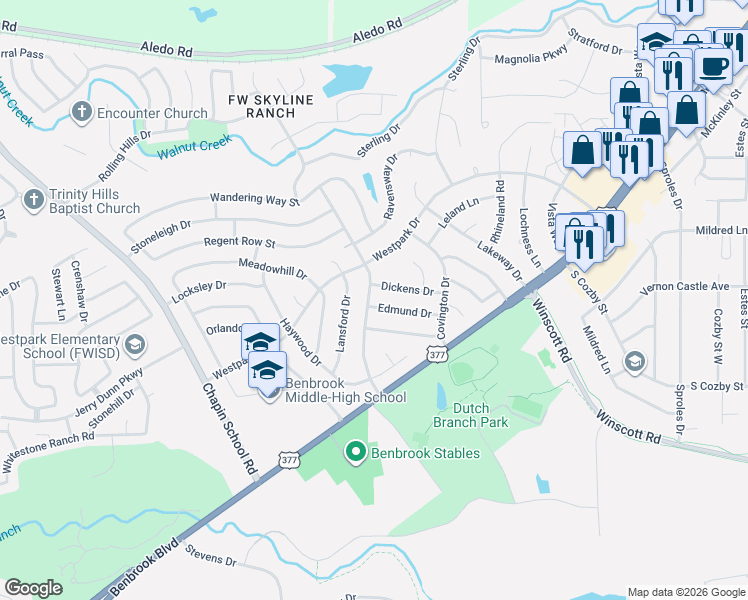 map of restaurants, bars, coffee shops, grocery stores, and more near 9937 Dickens Drive in Benbrook
