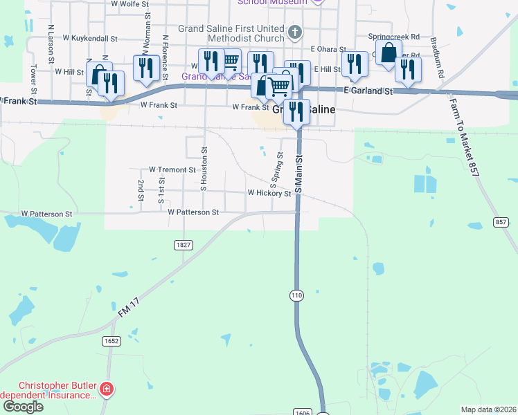 map of restaurants, bars, coffee shops, grocery stores, and more near 300 West Patterson Street in Grand Saline