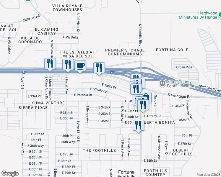 map of restaurants, bars, coffee shops, grocery stores, and more near 12715 East Tanja Drive in Yuma
