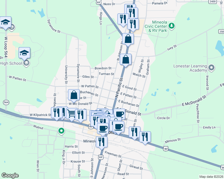 map of restaurants, bars, coffee shops, grocery stores, and more near 611 North Pacific Street in Mineola