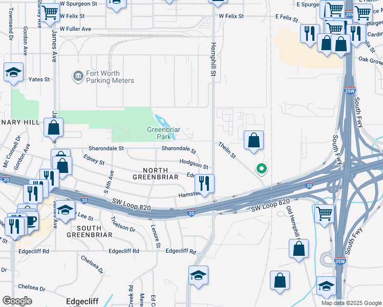 map of restaurants, bars, coffee shops, grocery stores, and more near 817 Sharondale St in Fort Worth
