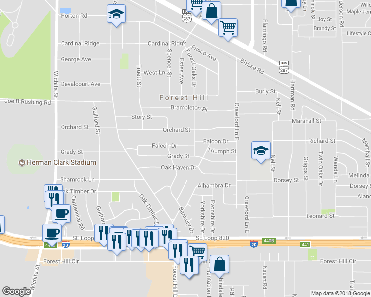 map of restaurants, bars, coffee shops, grocery stores, and more near 3704 Falcon Drive in Forest Hill