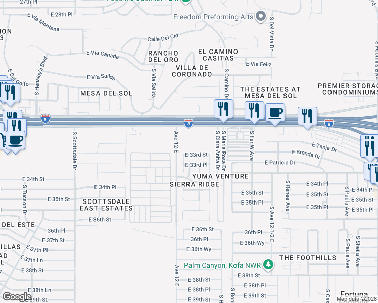 map of restaurants, bars, coffee shops, grocery stores, and more near 12148 33rd Street in Yuma