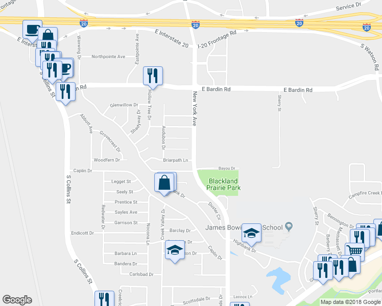map of restaurants, bars, coffee shops, grocery stores, and more near 1806 Crimson Court in Arlington