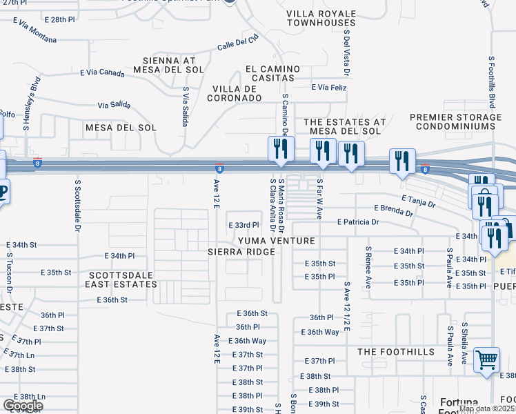 map of restaurants, bars, coffee shops, grocery stores, and more near 12224 33rd Street in Yuma