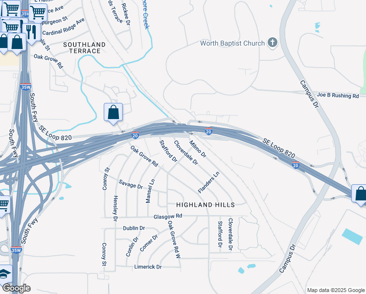map of restaurants, bars, coffee shops, grocery stores, and more near 1317 Cloverdale Drive in Fort Worth