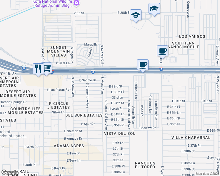 map of restaurants, bars, coffee shops, grocery stores, and more near 9585 E 33rd St in Yuma