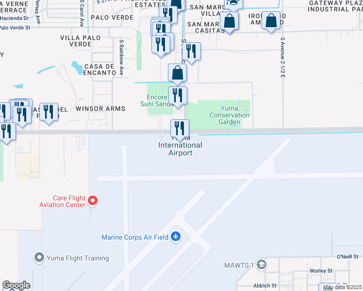 map of restaurants, bars, coffee shops, grocery stores, and more near 1001 South Redondo Center Drive in Yuma