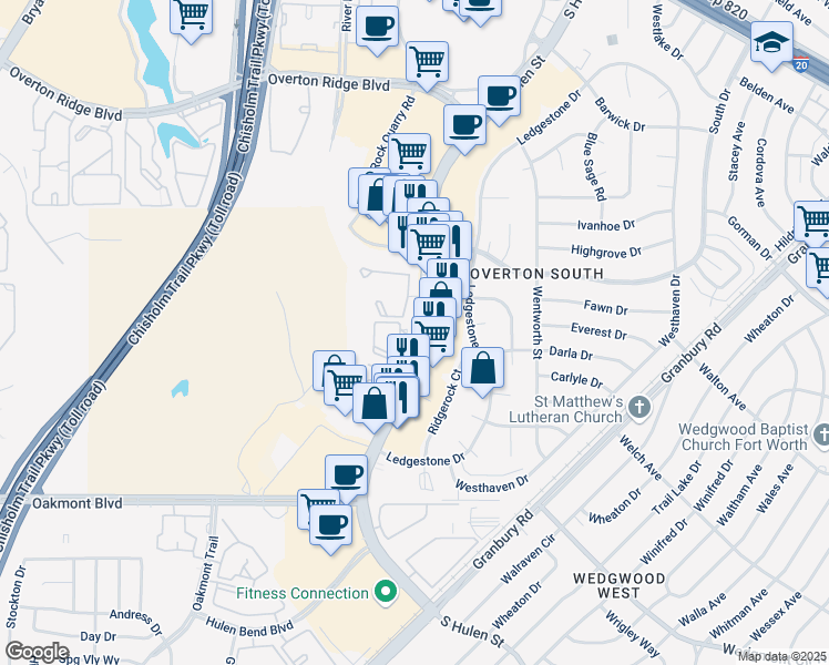 map of restaurants, bars, coffee shops, grocery stores, and more near 5600 Oakmeadow Drive in Fort Worth
