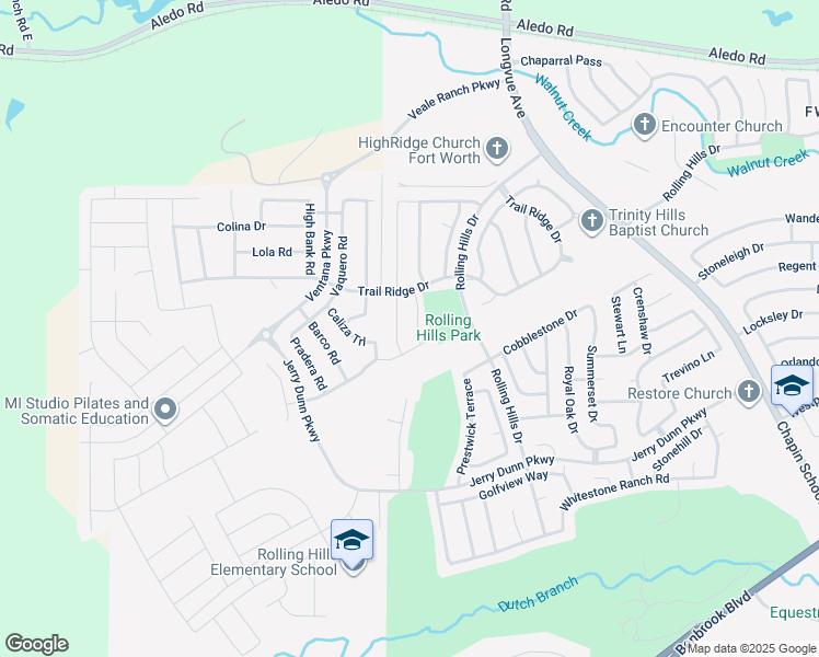 map of restaurants, bars, coffee shops, grocery stores, and more near 7110 Rolling Hills Court in Benbrook