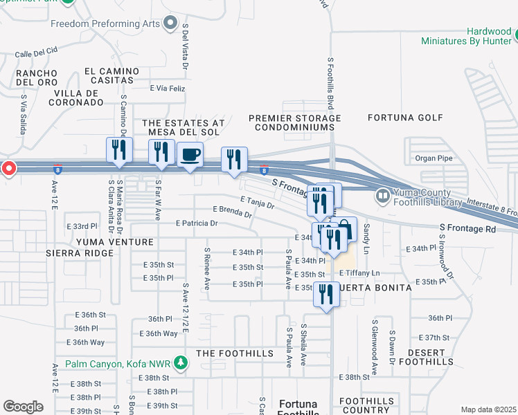 map of restaurants, bars, coffee shops, grocery stores, and more near 12715-12723 East Tanja Drive in Yuma
