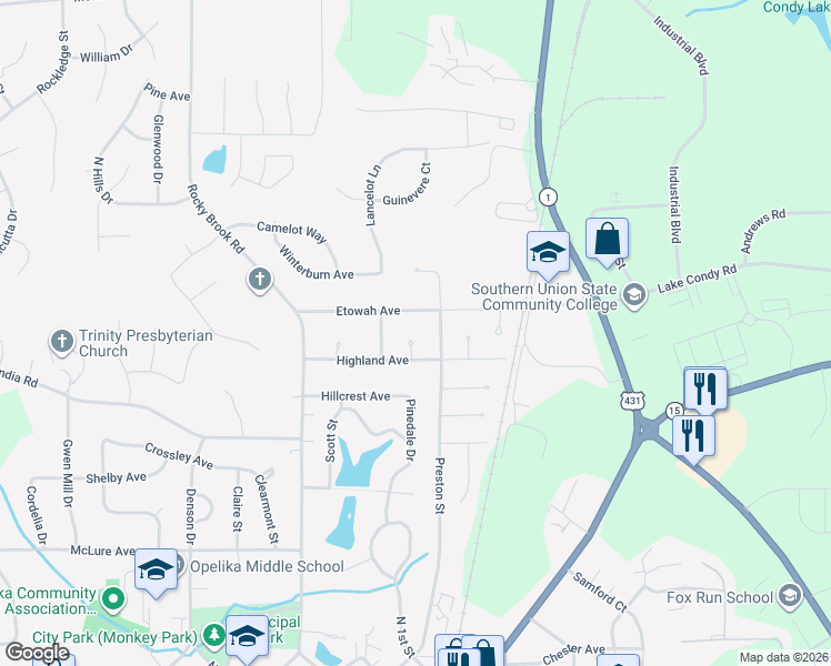 map of restaurants, bars, coffee shops, grocery stores, and more near 1704 Highland Place in Opelika