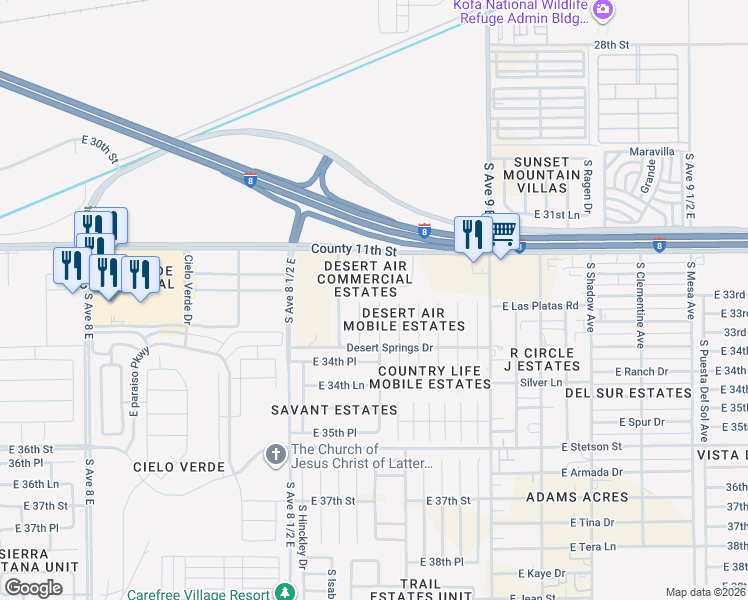map of restaurants, bars, coffee shops, grocery stores, and more near 11208 South Cactus Wren Lane in Yuma