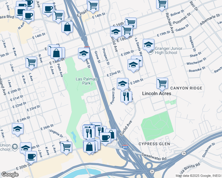 map of restaurants, bars, coffee shops, grocery stores, and more near 2201 East 24th Street in National City