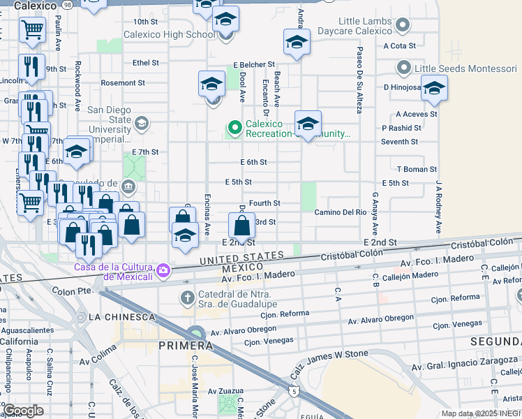 map of restaurants, bars, coffee shops, grocery stores, and more near 926 Fourth Street in Calexico