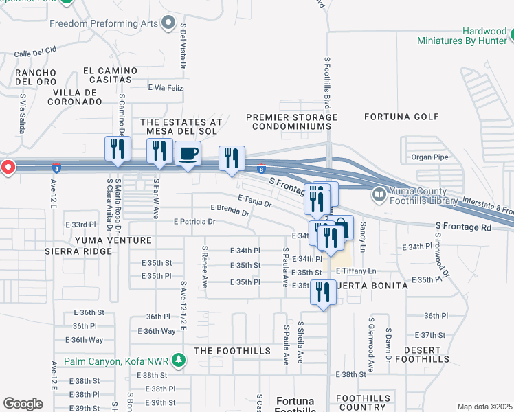 map of restaurants, bars, coffee shops, grocery stores, and more near 12715-12723 East Tanja Drive in Yuma
