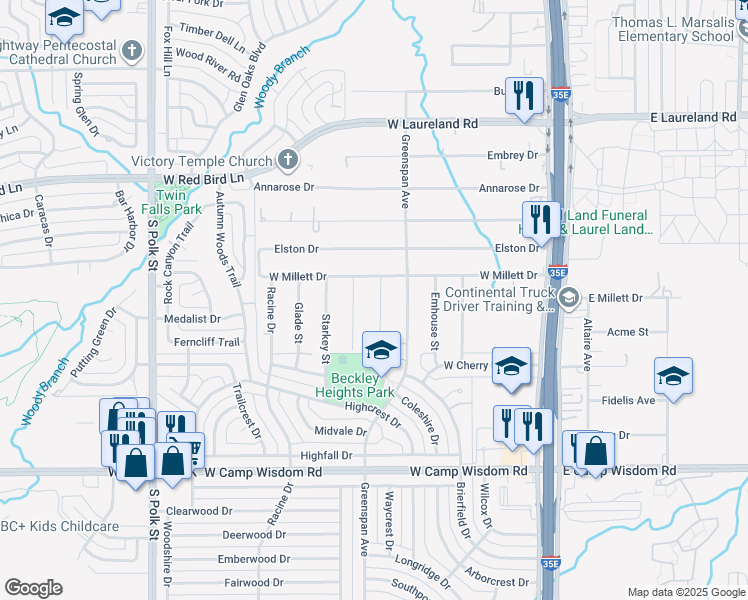 map of restaurants, bars, coffee shops, grocery stores, and more near 6524 Meade Street in Dallas