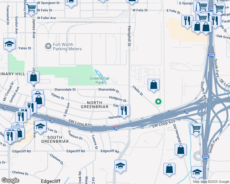 map of restaurants, bars, coffee shops, grocery stores, and more near 817 Sharondale Street in Fort Worth