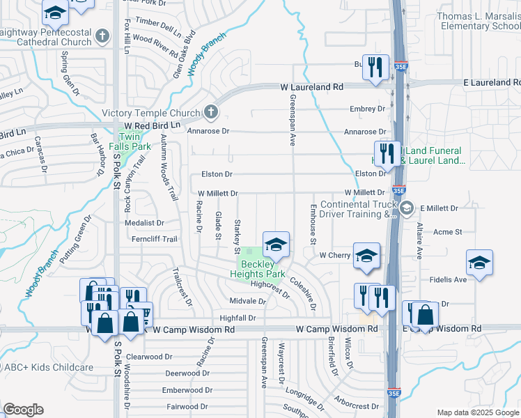 map of restaurants, bars, coffee shops, grocery stores, and more near 6524 Meade Street in Dallas