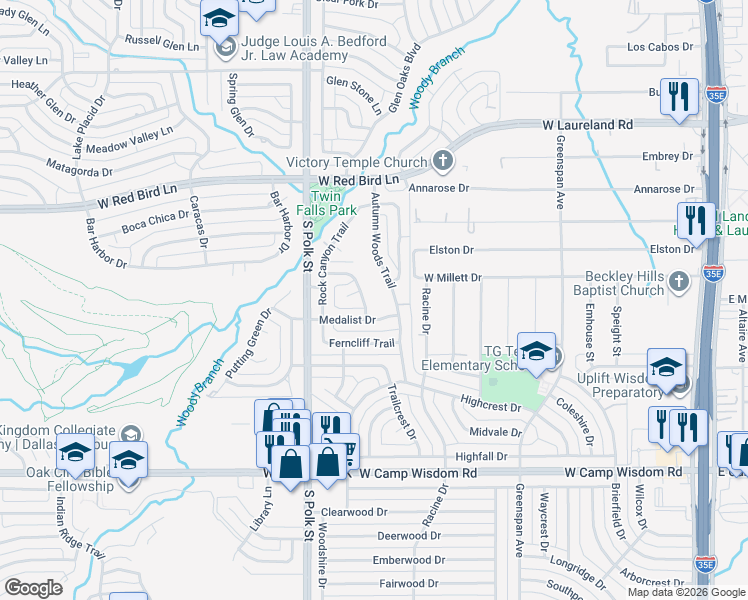 map of restaurants, bars, coffee shops, grocery stores, and more near 919 Wolf Creek Trail in Dallas