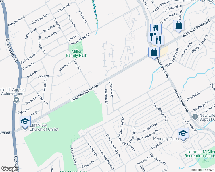 map of restaurants, bars, coffee shops, grocery stores, and more near 6128 Balcony Lane in Dallas